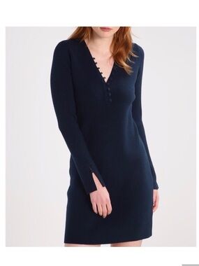 Club Monaco Evangah Wool Henley Sweater Dress Button Dark Blue